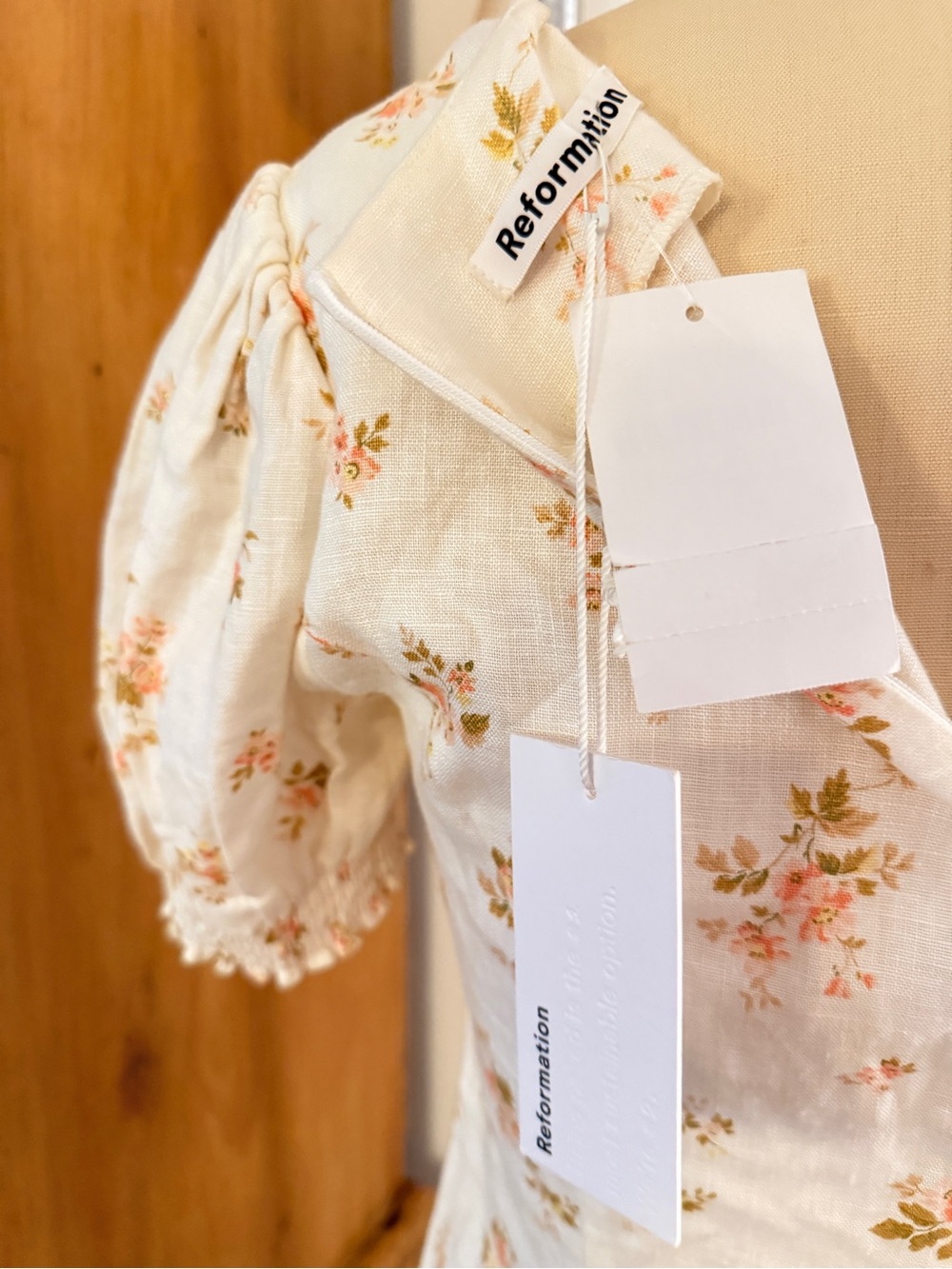 Reformation Gina Cream Floral Square-Neck Puff Sleeve Linen Mini Dress BWT - Picture 8 of 16